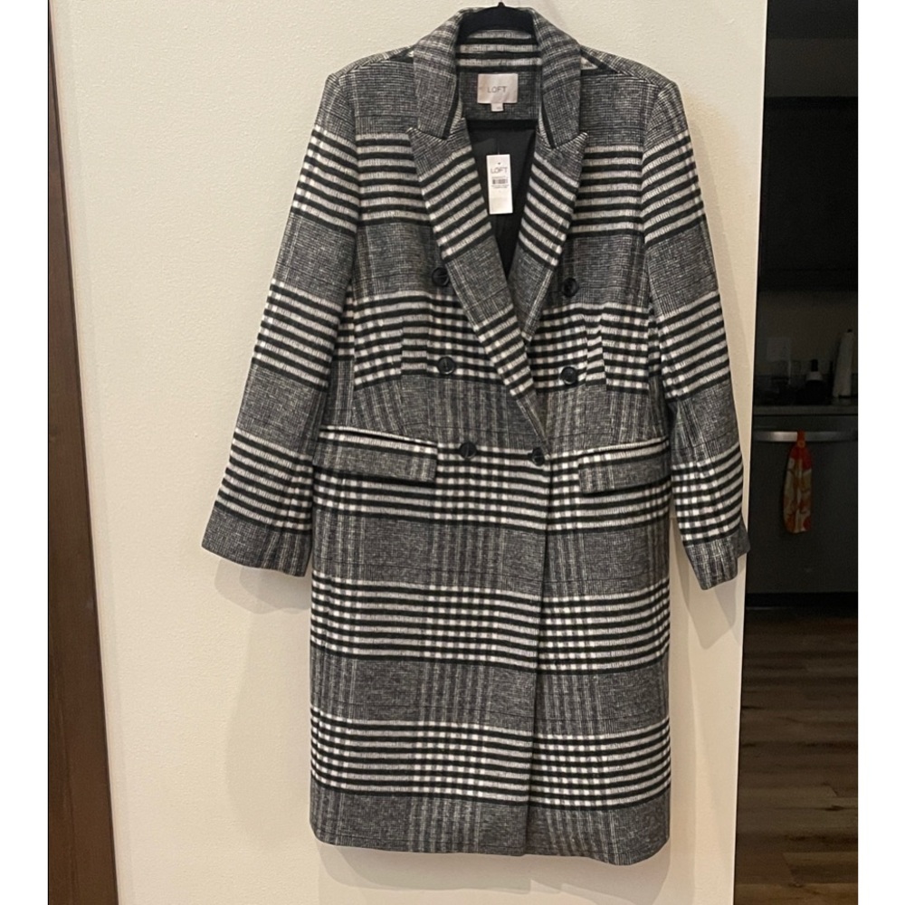 LOFT Black and White Plaid Trench Coat
